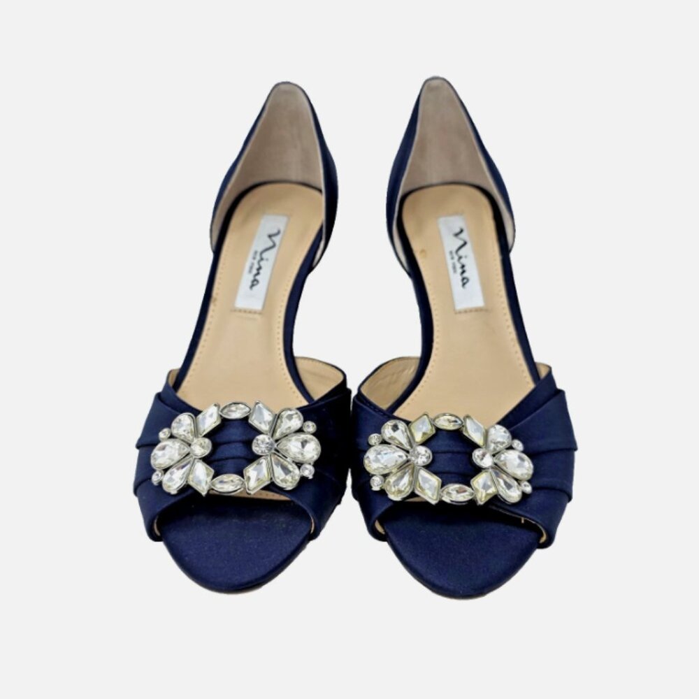 Nina Corrine D'Orsay Pump Navy Satin Peep Toe Jeweled Buckle Womens Size 6.5 M